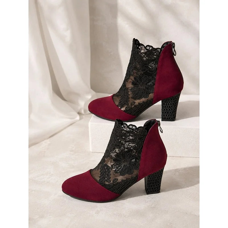 Heeled Ankle Boots Burgundy Lace - Burgundy