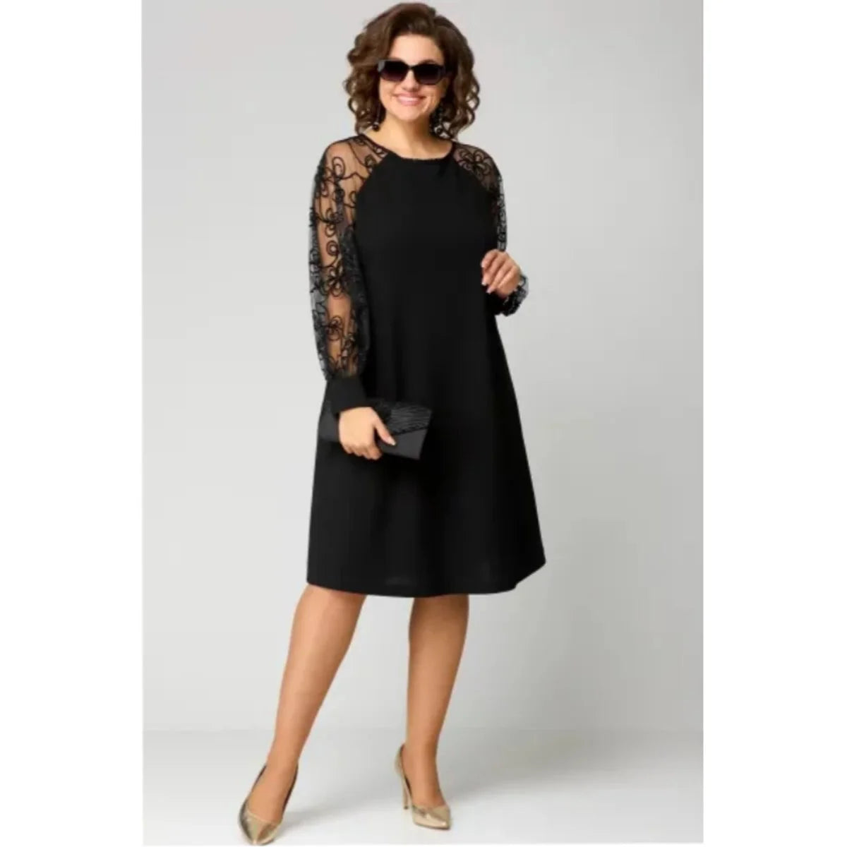 Lace Midi Dress Black Long Sleeve - Black