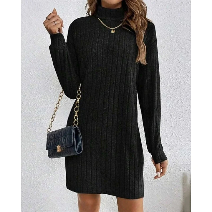 Sweater Dress Black Ribbed Turtleneck - Black