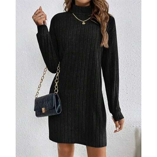 Sweater Dress Black Ribbed Turtleneck - Black
