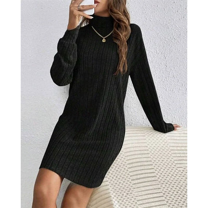 Sweater Dress Black Ribbed Turtleneck - Black