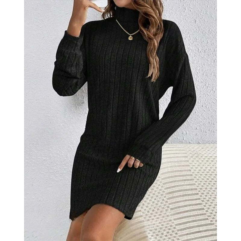 Sweater Dress Black Ribbed Turtleneck - Black