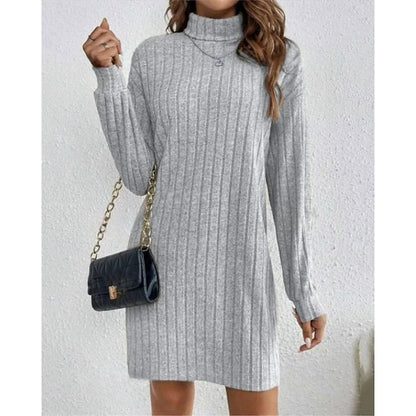 Sweater Dress Black Ribbed Turtleneck - Light Grey