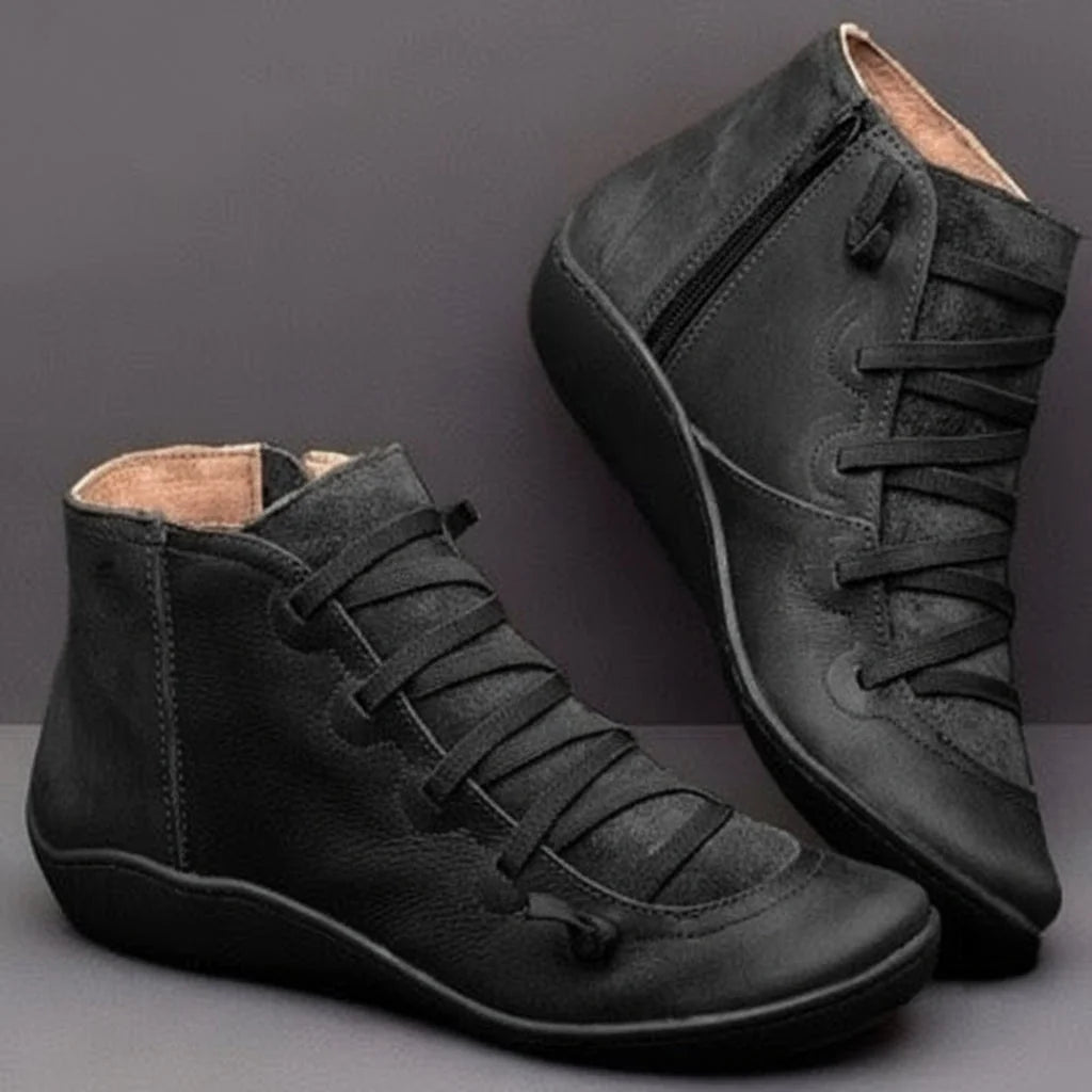 Ankle Boots Black Lace-Up Side Zip - Black