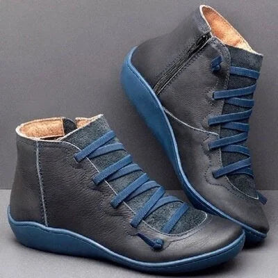 Ankle Boots Black Lace-Up Side Zip - Blue