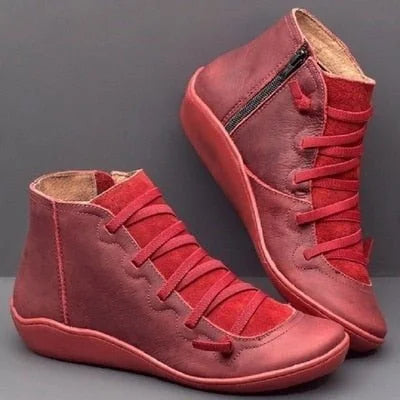 Ankle Boots Black Lace-Up Side Zip - Red