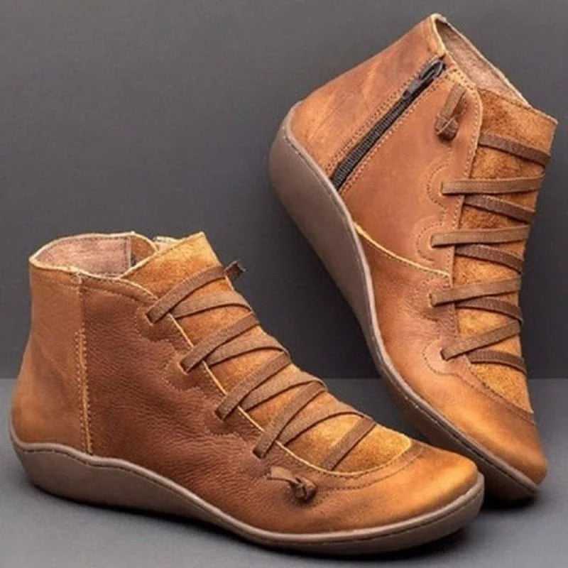 Ankle Boots Black Lace-Up Side Zip - Rust Brown