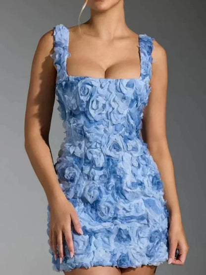 Corset Mini Dress Black Rose - Blue