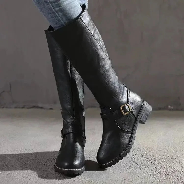 Knee High Boots Black Buckle - Black