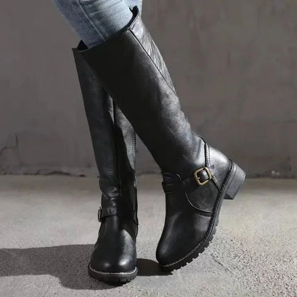Knee High Boots Black Buckle - Black