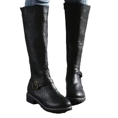Knee High Boots Black Buckle - Black