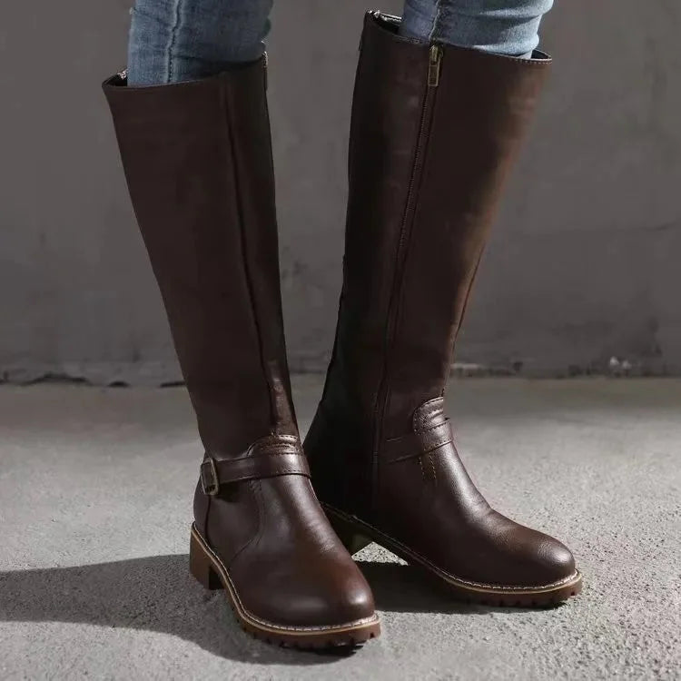 Knee High Boots Black Buckle - Dark Brown