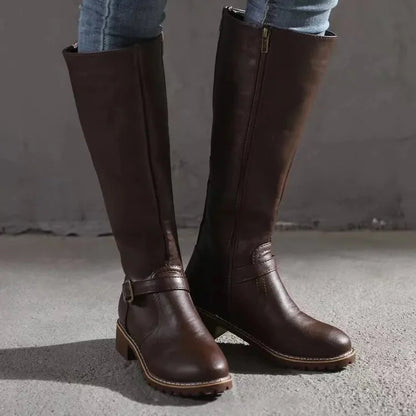 Knee High Boots Black Buckle - Dark Brown