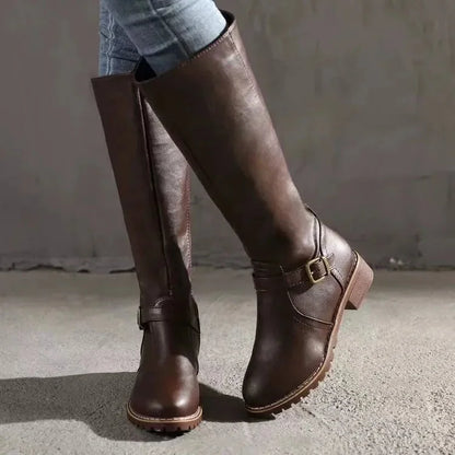 Knee High Boots Black Buckle - Dark Brown