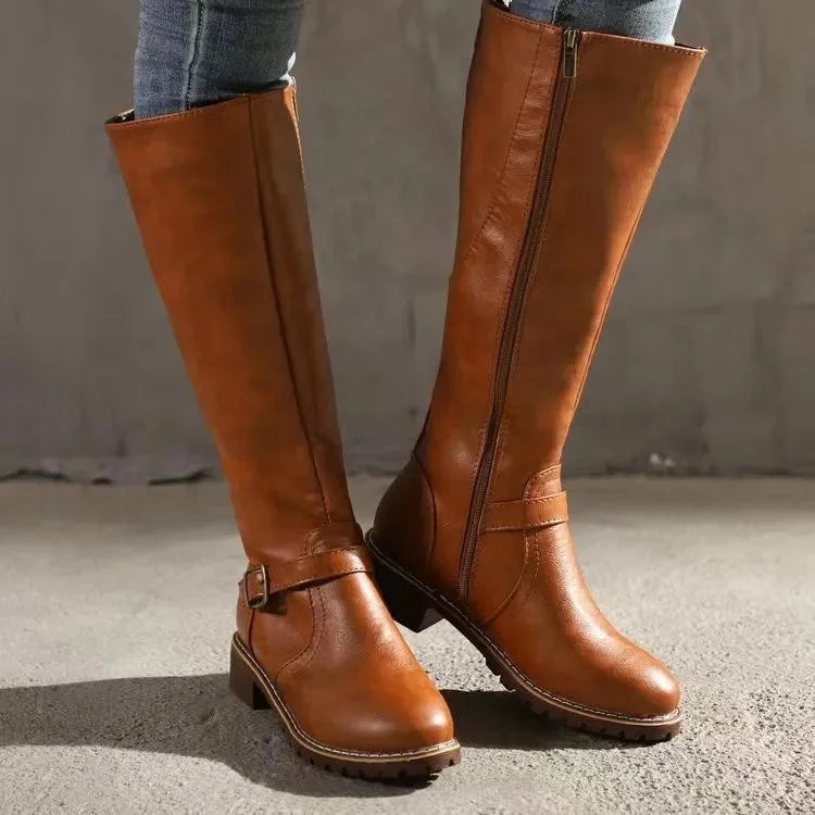 Knee High Boots Black Buckle - Light Brown