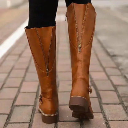 Knee High Boots Black Buckle - Light Brown