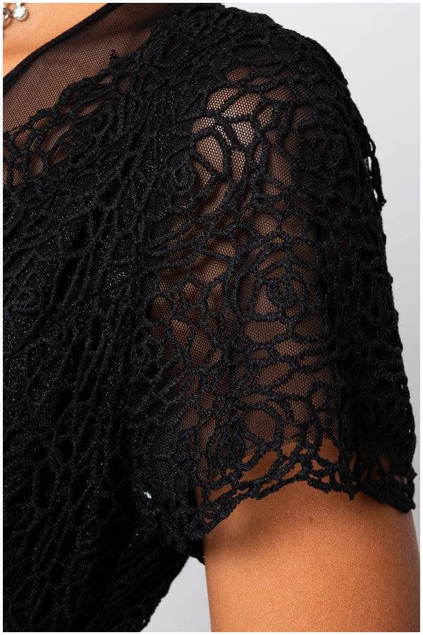 Lace Cocktail Dress Black Short Sleeve - Black