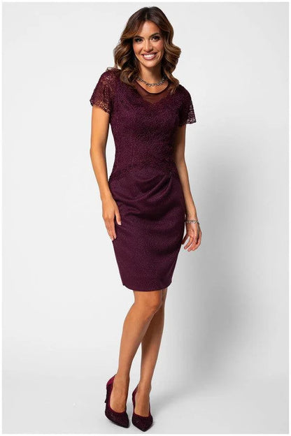 Lace Cocktail Dress Burgundy Short Sleeve - Burgundy