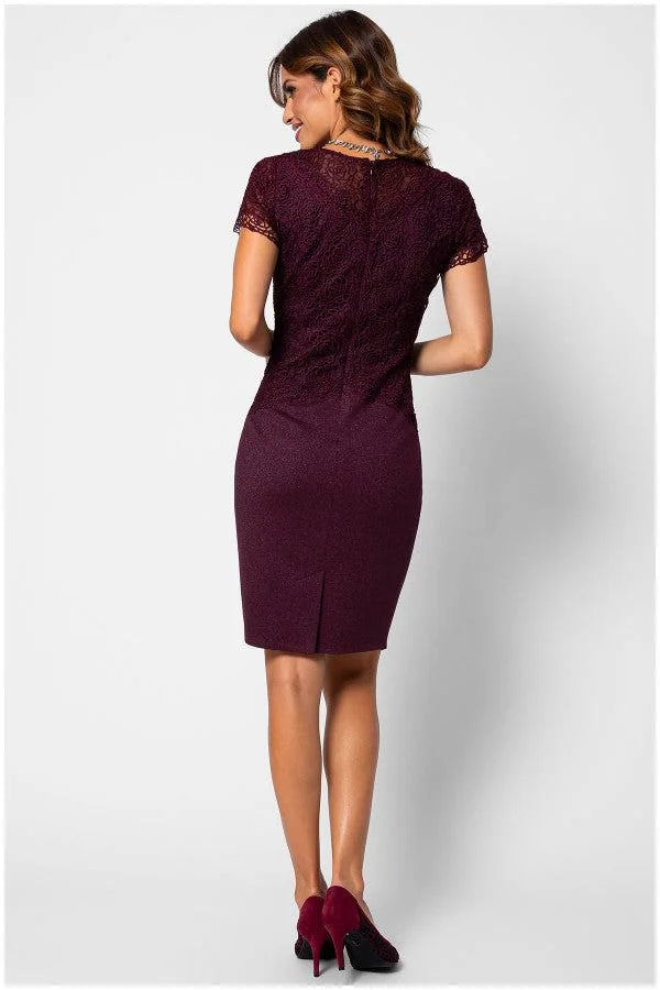 Lace Cocktail Dress Burgundy Short Sleeve - Burgundy
