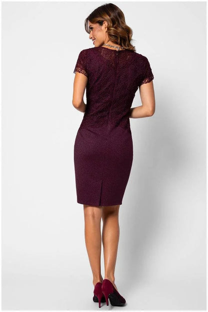 Lace Cocktail Dress Burgundy Short Sleeve - Burgundy