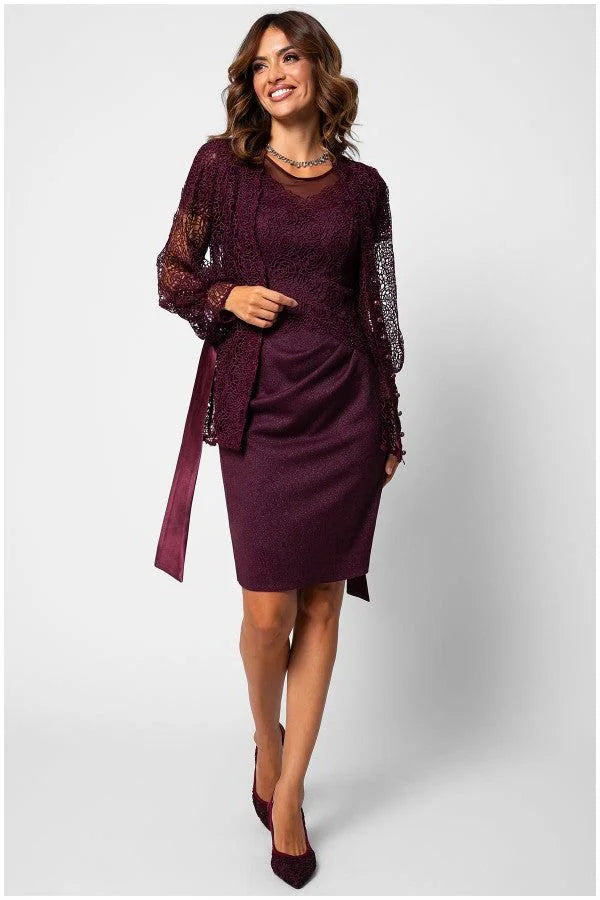 Lace Cocktail Dress Burgundy Short Sleeve - Burgundy