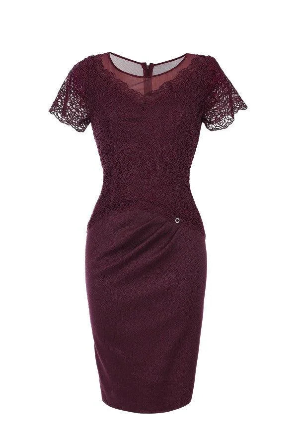 Lace Cocktail Dress Burgundy Short Sleeve - Burgundy