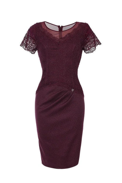 Lace Cocktail Dress Burgundy Short Sleeve - Burgundy