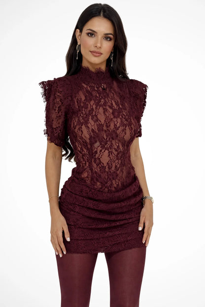 Lace Mini Dress Deep Red Ruched - Deep Red