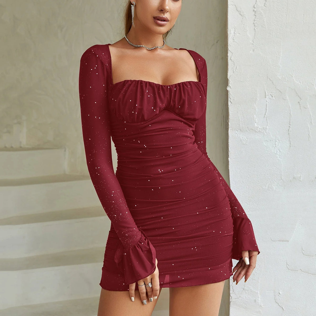 Mesh Mini Dress Black Off Shoulder - Wine Red