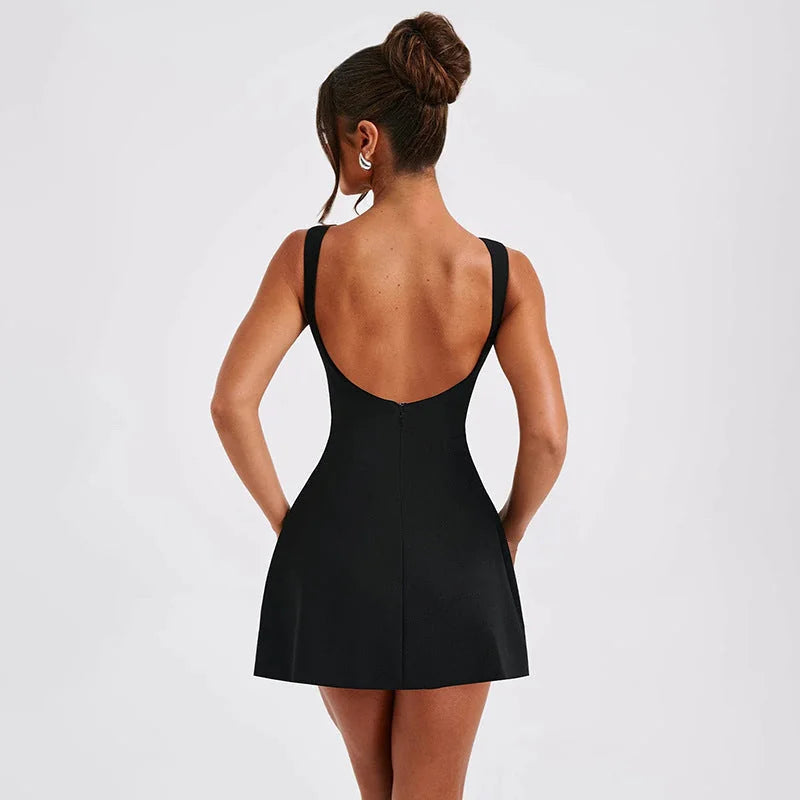 Mini Dress Black Open Back - Black