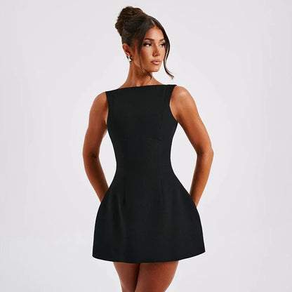 Mini Dress Black Open Back - Black
