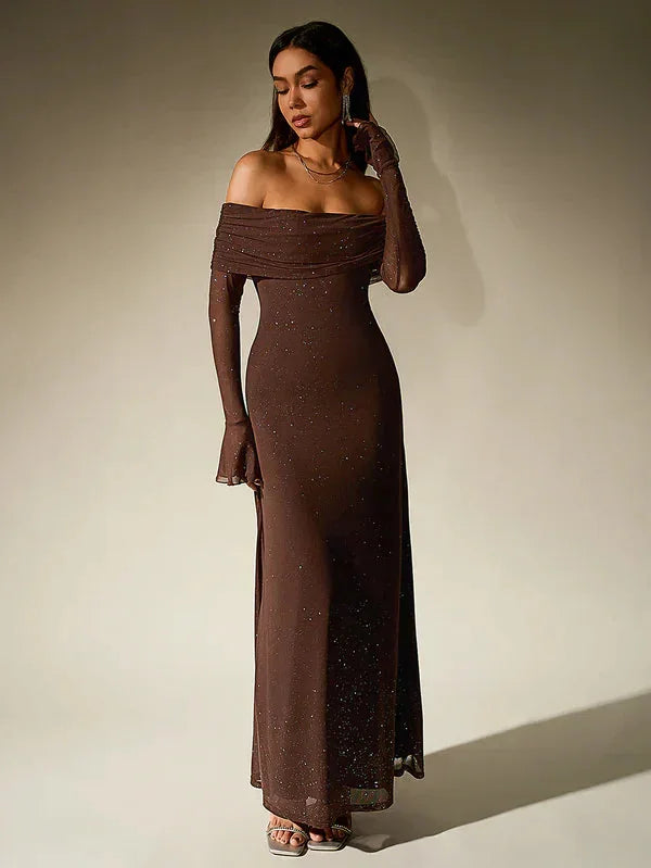 Off Shoulder Maxi Dress Black - Brown