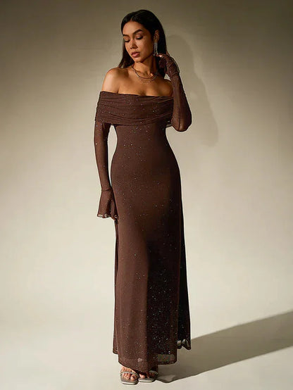 Off Shoulder Maxi Dress Black - Brown