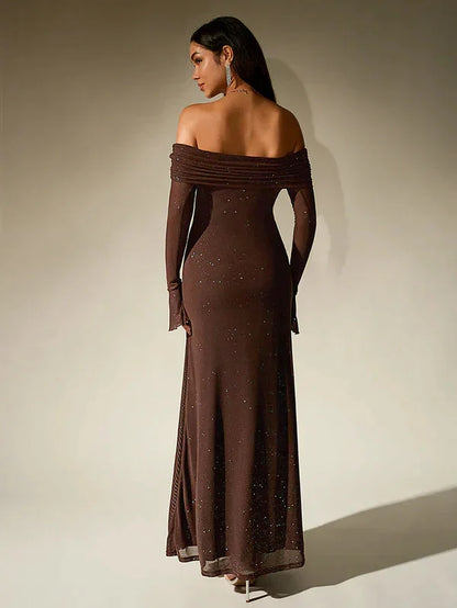 Off Shoulder Maxi Dress Black - Brown