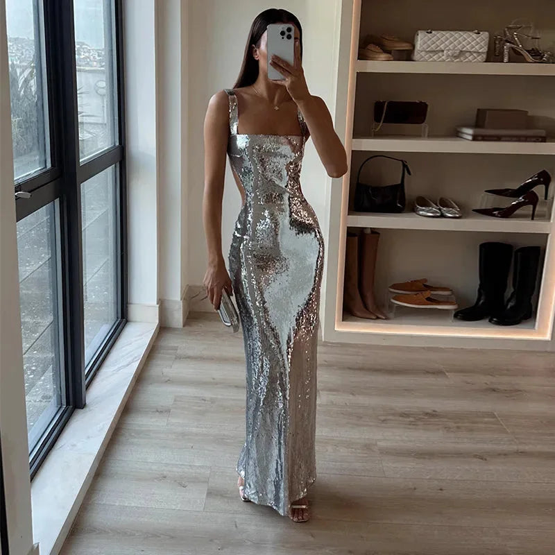 Sequin Maxi Dress Red Strapless - Silver