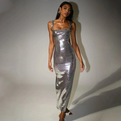 Sequin Maxi Dress Red Strapless - Silver