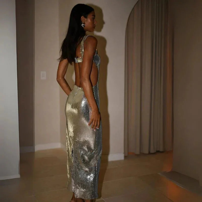 Sequin Maxi Dress Red Strapless - Silver