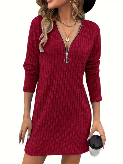 Sweater Dress Burgundy Zip Neck - Burgundy