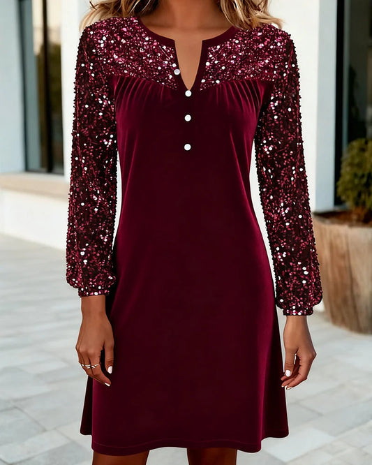 Velvet Dress Red Sequin Sleeve - Red