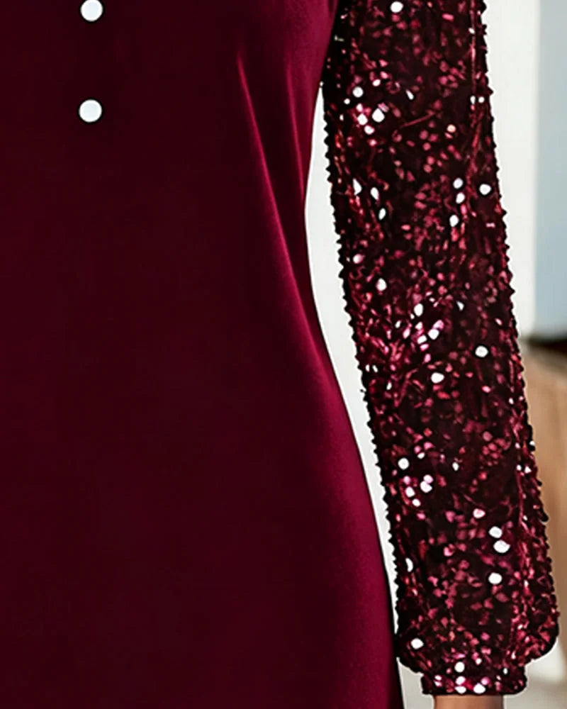 Velvet Dress Red Sequin Sleeve - Red