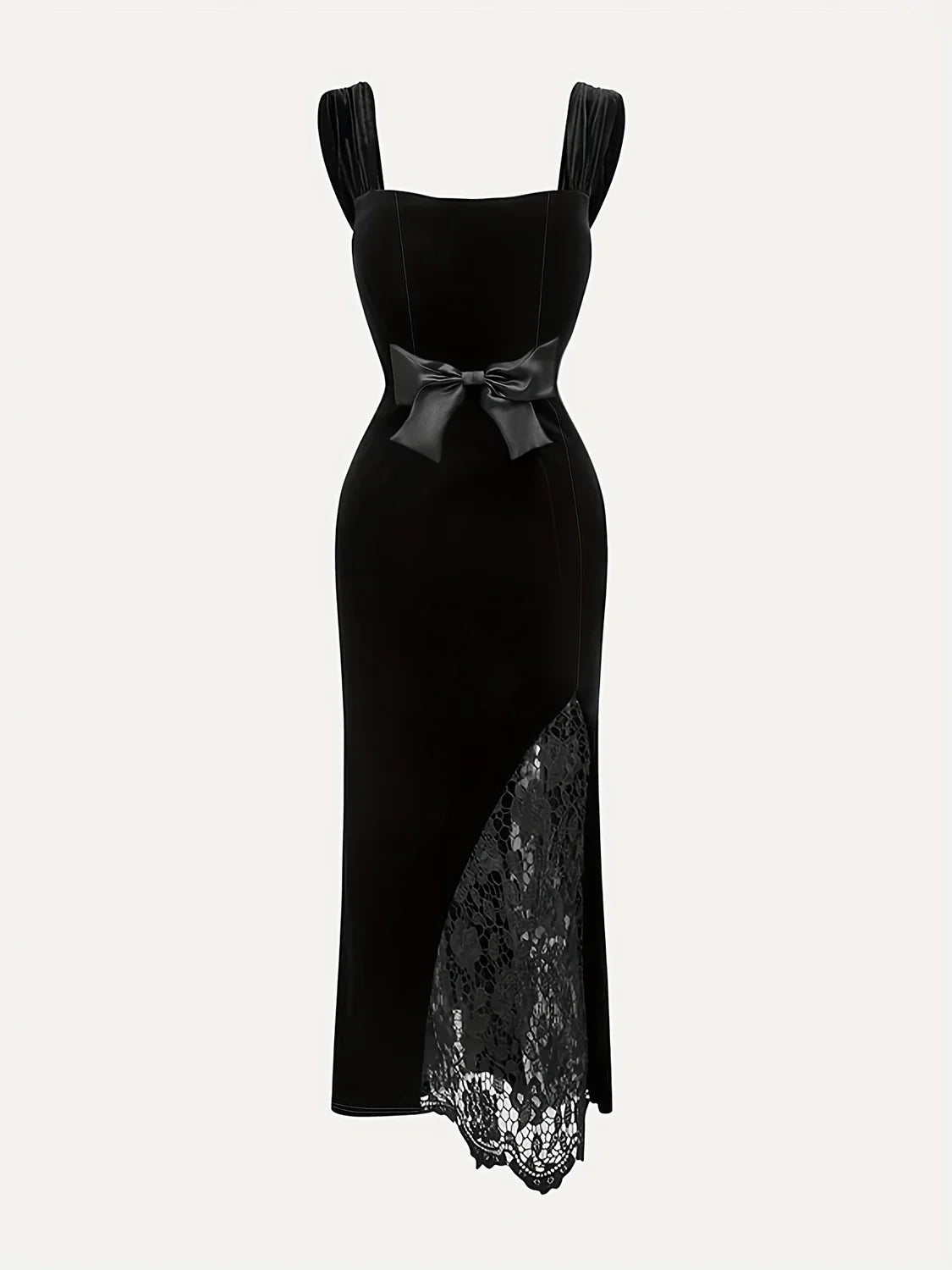Velvet Maxi Dress Black Lace Bow - Black