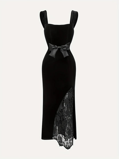 Velvet Maxi Dress Black Lace Bow - Black