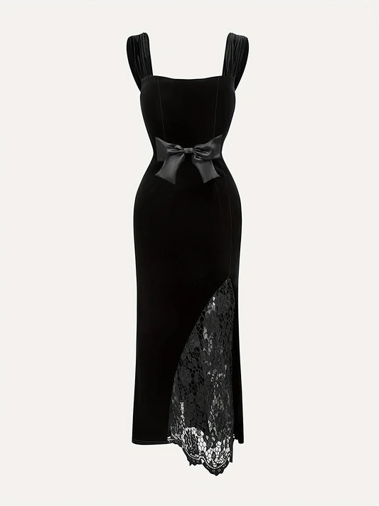 Velvet Maxi Dress Black Lace Bow - Black