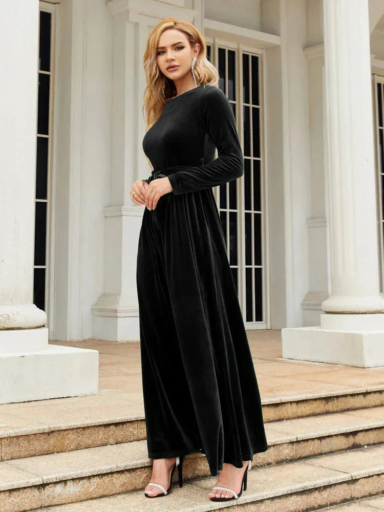 Velvet Maxi Dress Burgundy Tie Waist - Black