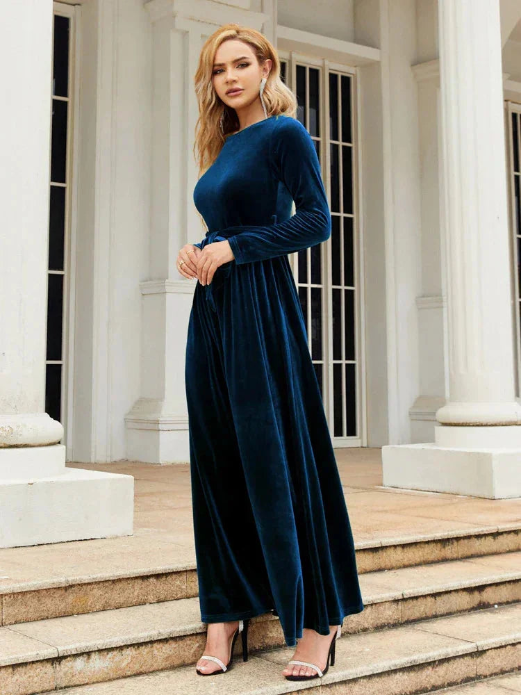 Velvet Maxi Dress Burgundy Tie Waist - Blue