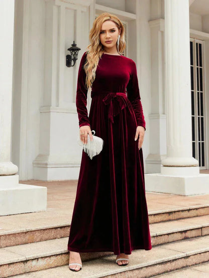 Velvet Maxi Dress Burgundy Tie Waist - Burgundy