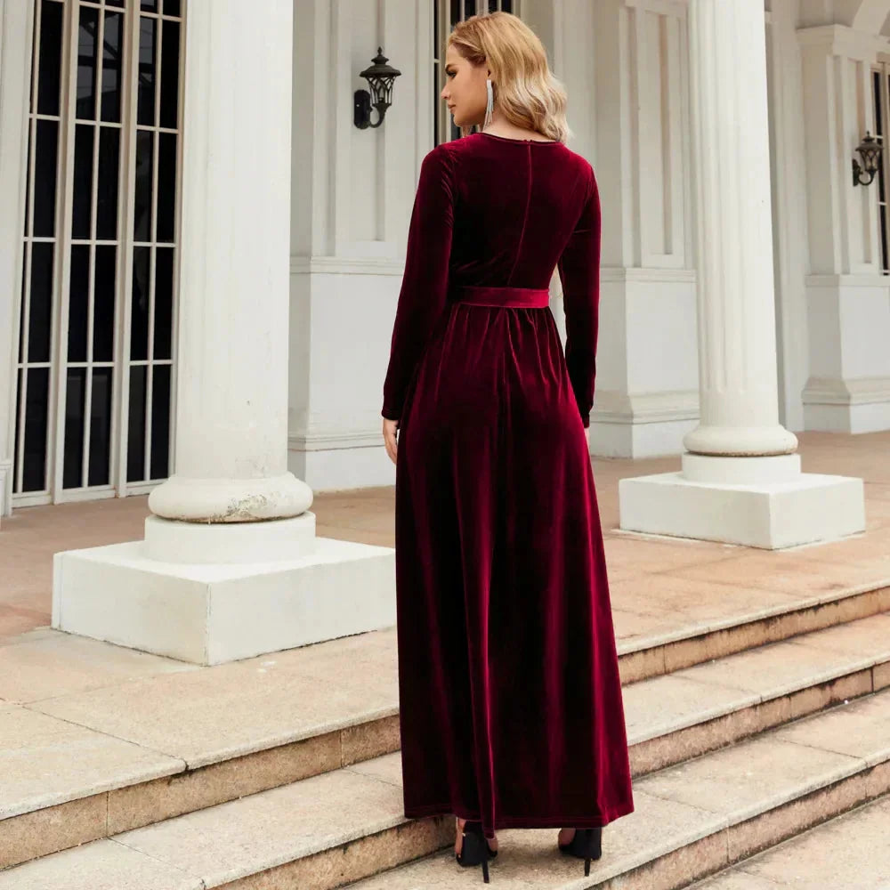 Velvet Maxi Dress Burgundy Tie Waist - Burgundy