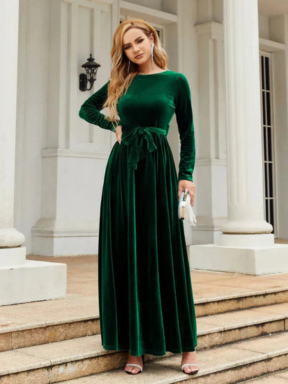 Velvet Maxi Dress Burgundy Tie Waist - Green