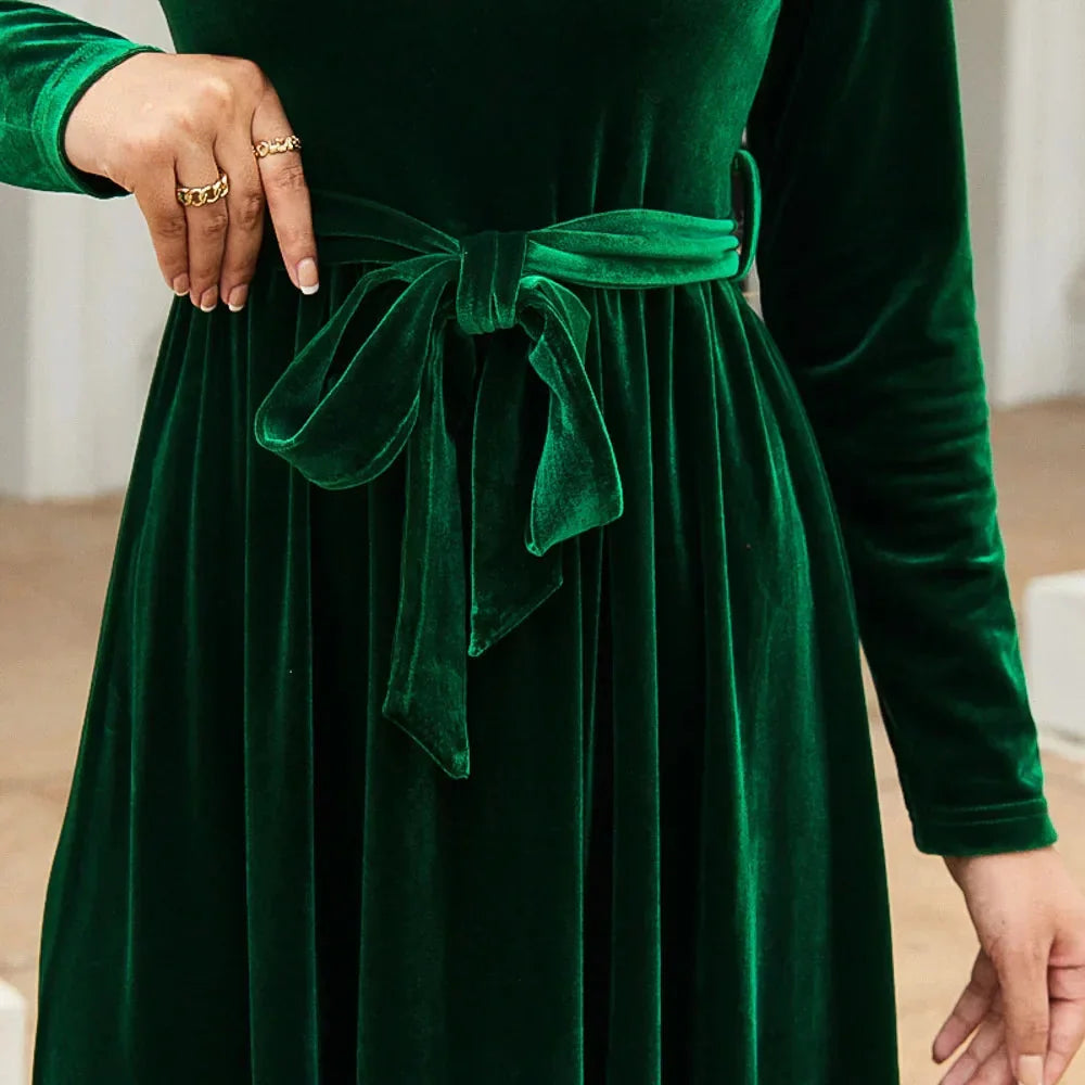 Velvet Maxi Dress Burgundy Tie Waist - Green