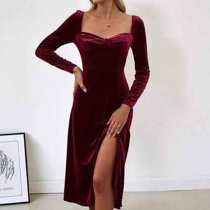 Velvet Midi Dress Burgundy Sweetheart Slit - Burgundy